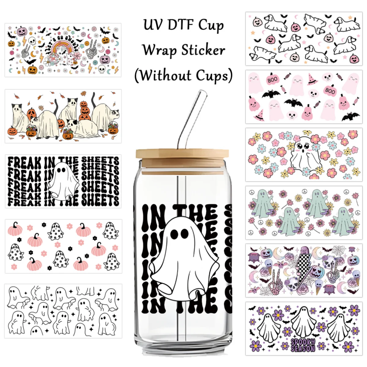 1PC Halloween UV DTF Transfer Sticker for 16oz Glass Cups Cute Ghost Pumpkin Waterproof UV DTF Cup Wrap for Glass Coffee Mugs