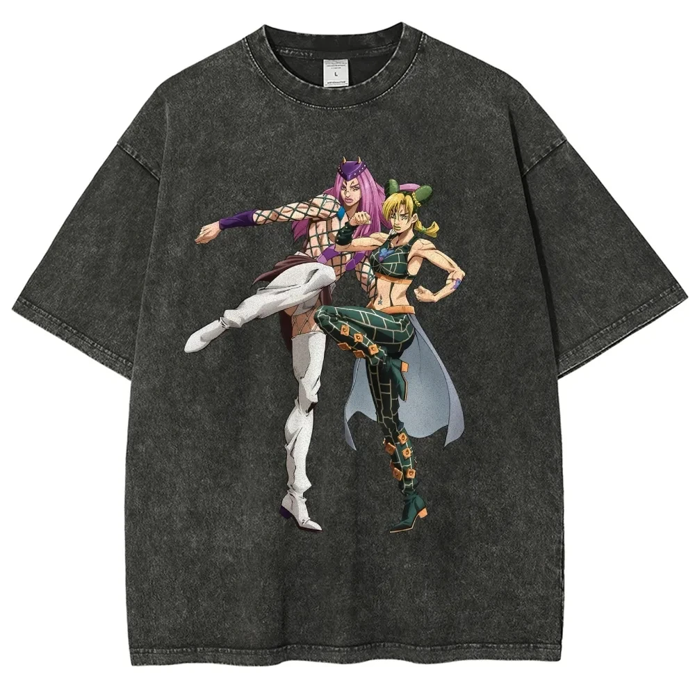 

Jojo's Bizarre Adventure Jolyne Weather Report Vintage Washed Cotton T Shirt Men Women 2026 Summer Oversized Streetwear