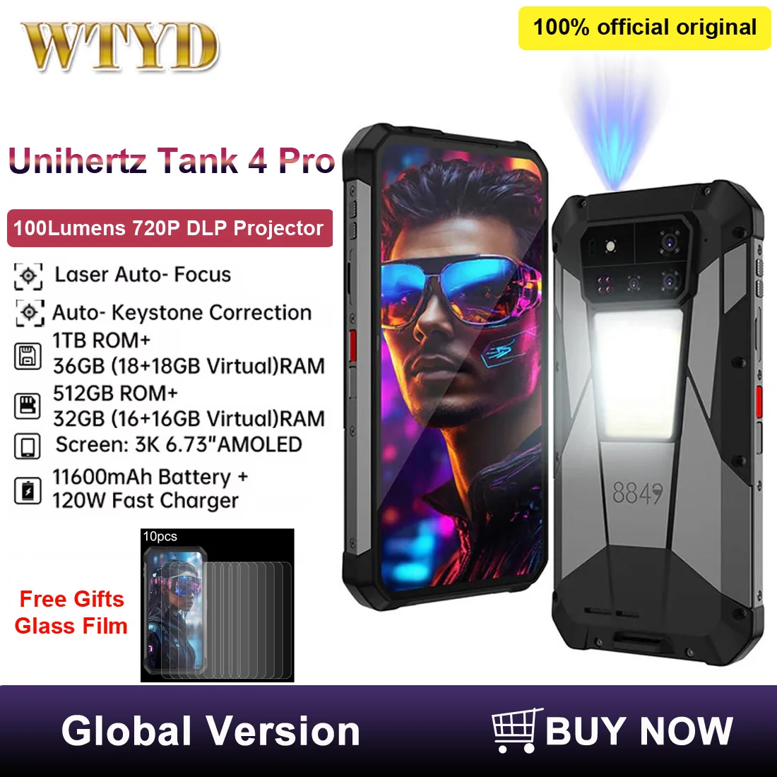 Прочный телефон Unihertz Tank 4 pro с проектором, 18 ГБ + 1 ТБ/16 ГБ + 512 ГБ, ночное видение, размер 6,73 дюйма, 8300, 11600 мАч, NFC, 5G, смартфон