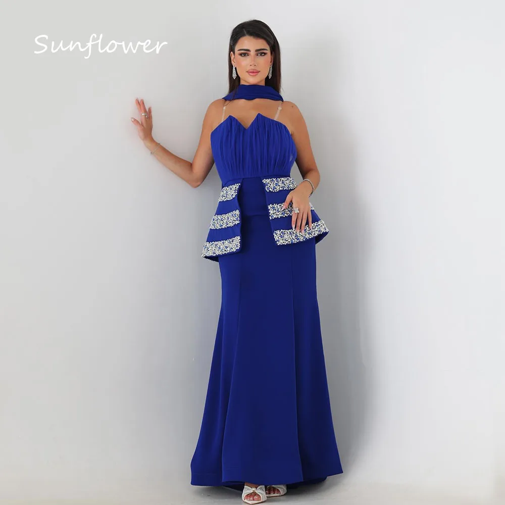 

Sunflower Customized Blue Crepe Evening Dress Strapless Sleeveless Prom Dress Beading Mermaid Floor-Length Formal Occasion Dress