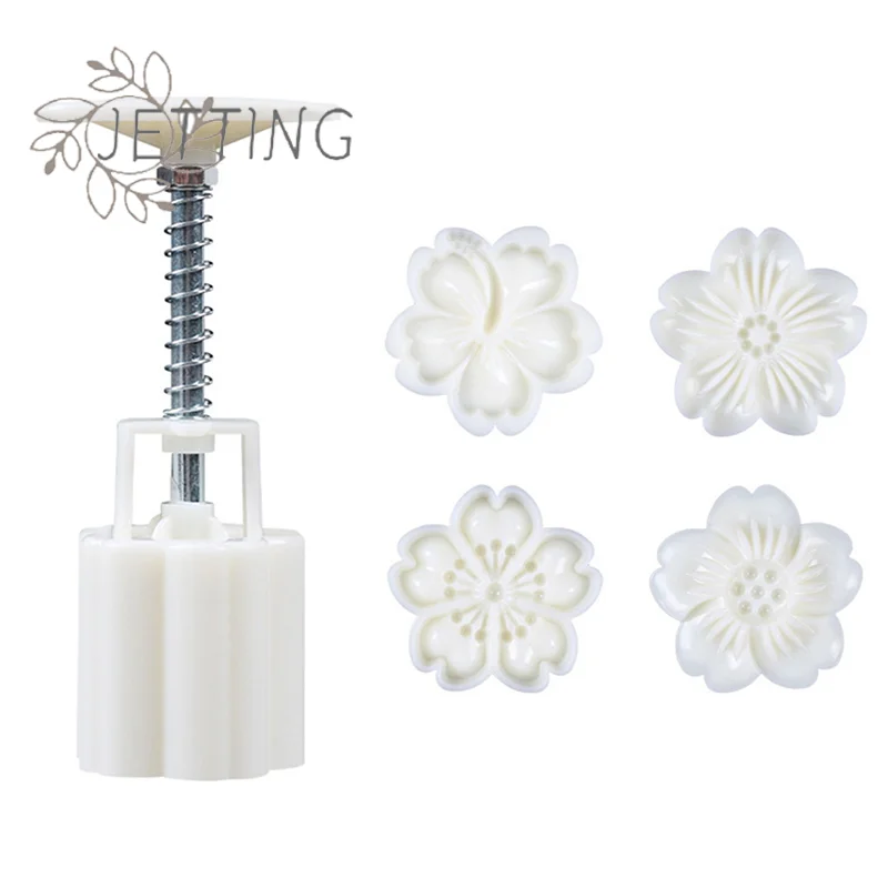 Hot 4Pc/Set DIY Mid-Autumn Festiva Cherry Blossom Mooncake Mold Flowers Sakura Pattern Stamp Hand Press Mold Plunger Pastry Tool
