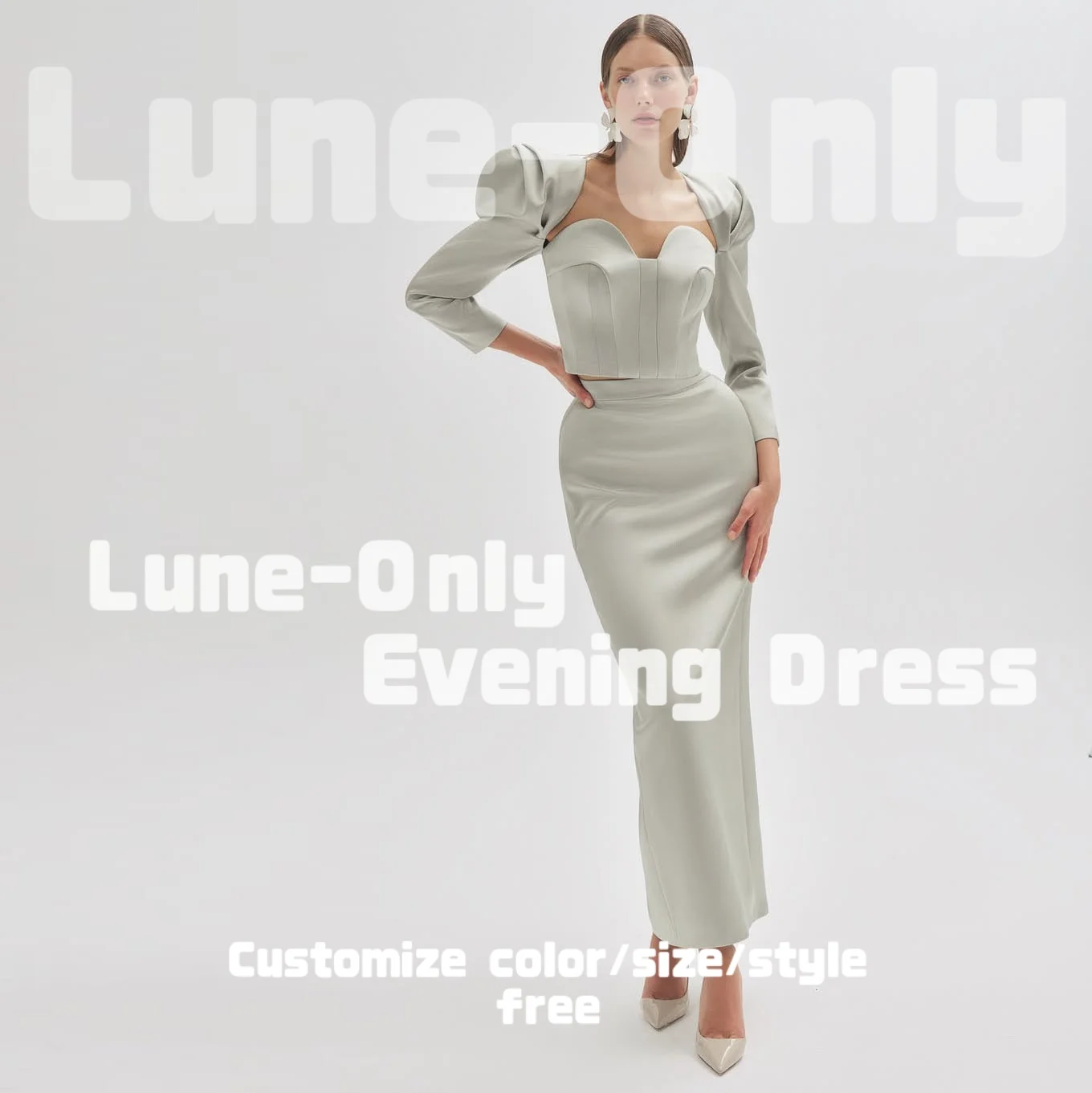

Customized Silver Grey Satin Long Sleeves Women Evening Dresses 2 Piece Sweetheart Elegant Party Gown Prom Midi Formal Dress
