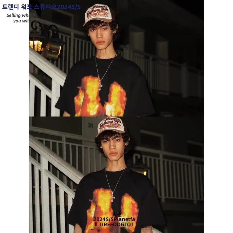 تي شيرت صيفي جديد من High Street American Flame ort Sve تي شيرت رجالي فضفاض من القطن الخالص ثقيل الوزن للأزواج ملابس شبابية