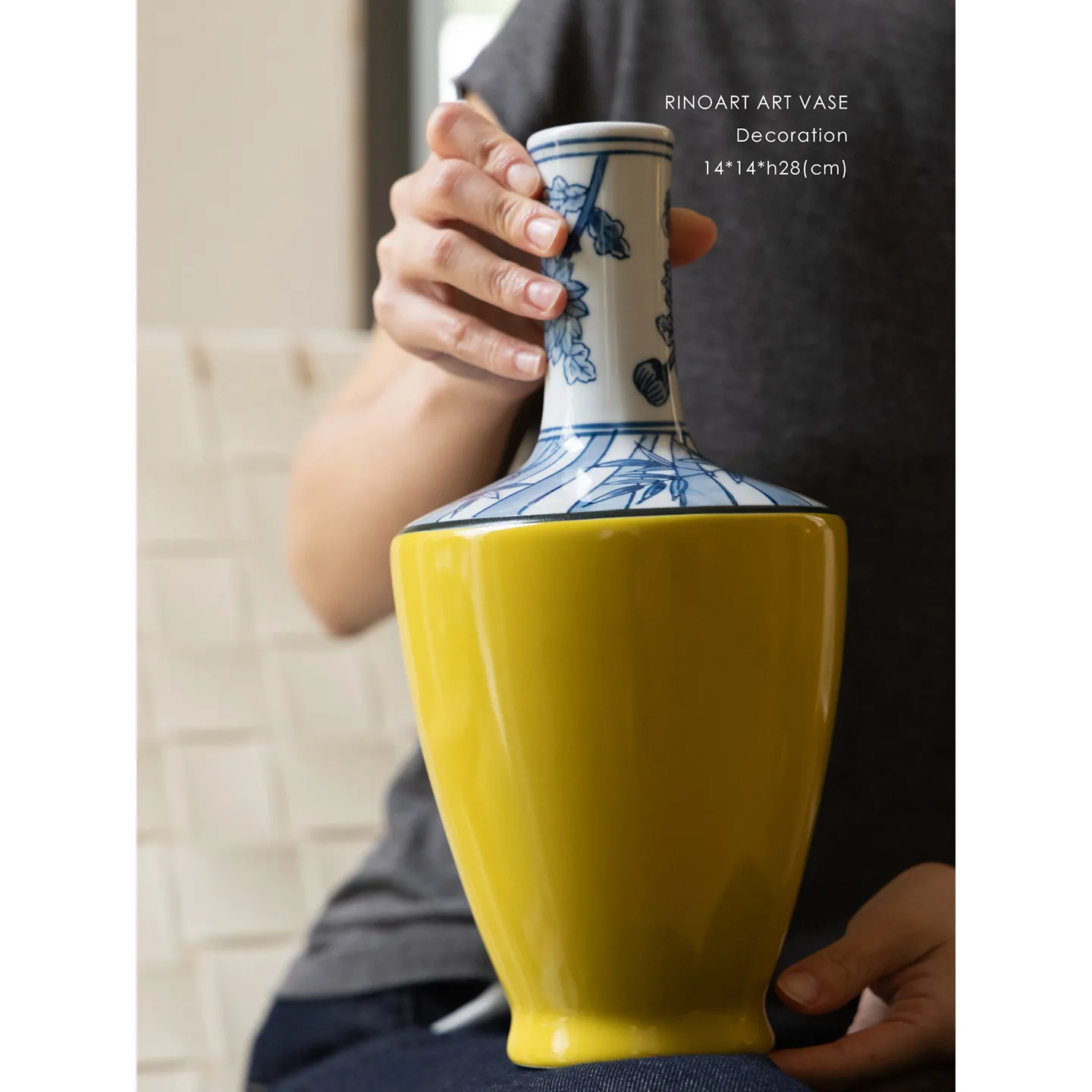 Exclusive Qianlong yellow-ground blue-and-white porcelain vase with folded shoulders, a luxurious home decoration piece