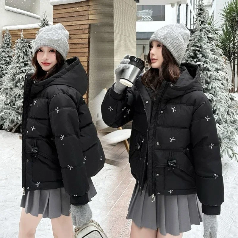 2000s Print Kawaii Parkas Coats Y2k High Street Elegant Fur Collor Hooded Coat American Vintage Zipper Streetwear Casual Jackets
