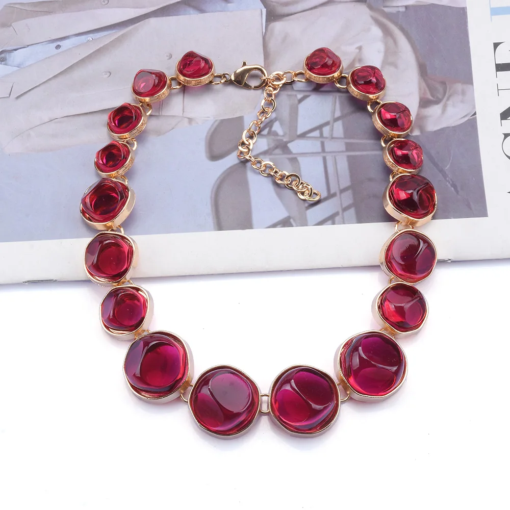 2024 New ZA Red Blue Green White Resin Round Metal Link Choker Necklace Women Indian Statement Large Collar Necklace Jewelry