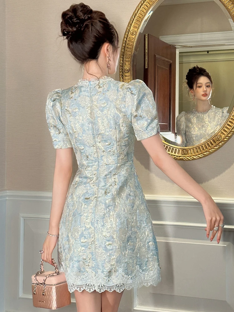 Frauen Kleidung Retro Blau Jacquard Puff Sleeve Spitze Schlank A-Line Mini Kurzes Kleid Elegante Dame Mode Party Vestidos Casual Neue