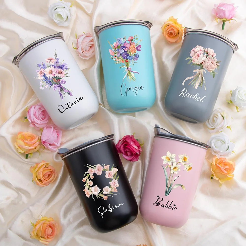 Personalized Customization Name: Carnation Flower Stainless Steel Cup, Straw Insulated Coffee Travel Cup,birthday Gift for Women view 3
