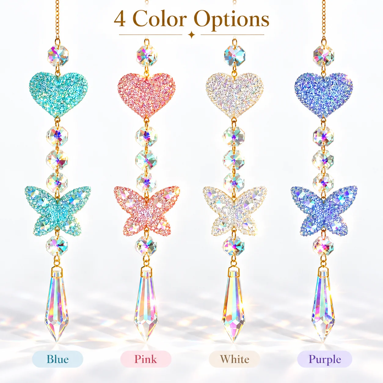 Heart & Butterfly Crystal Suncatcher, Rainbow Light Prism Hanging Ornament, Rhinestone Tassel Pendant for Window Home Decoration