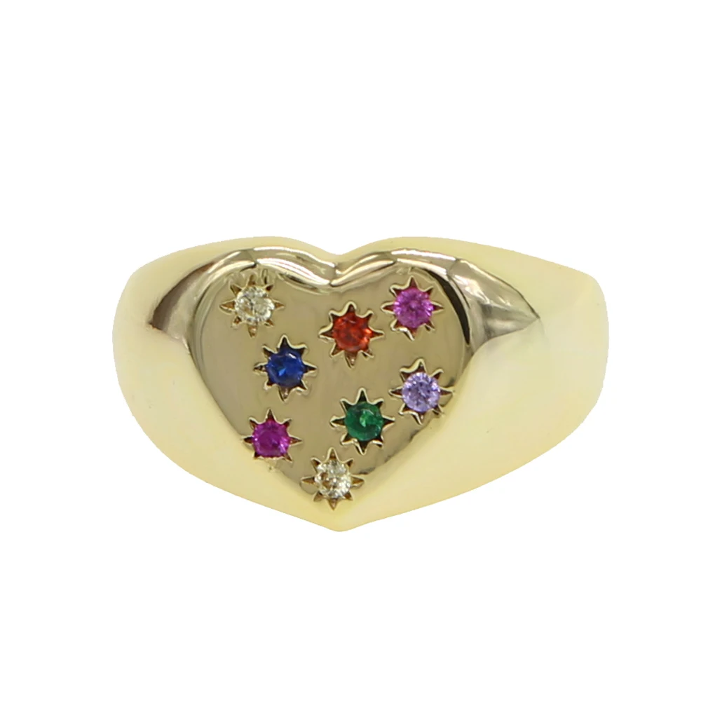 Heart shape star signet ring Gold color filled fashion european women rainbow cz inset engagement rings