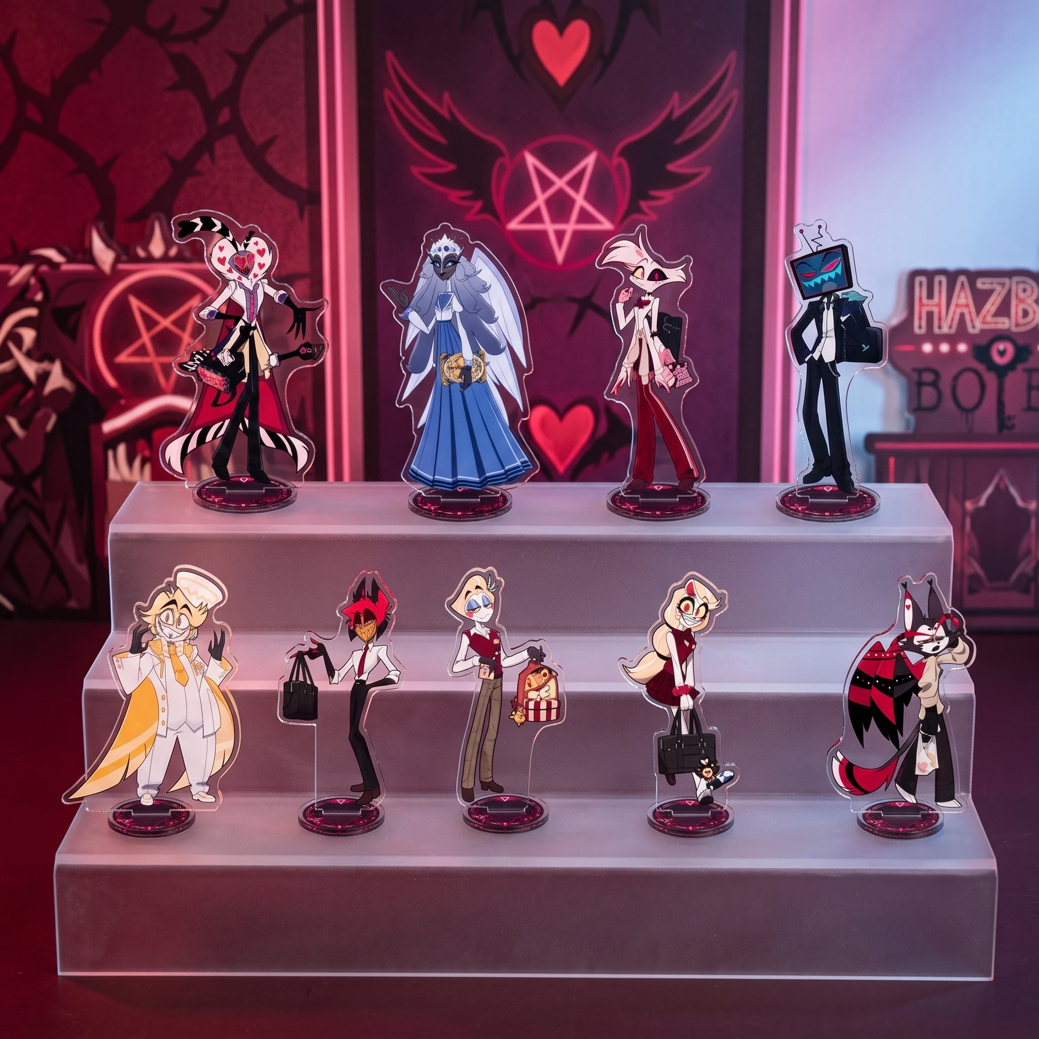 Anime Hazbin Hotel Acrylic Stand Figure Cosplay Alastor Vox Lucifer Angel Dust Maid Model Plate Desktop Decor Fans Gift Keychain