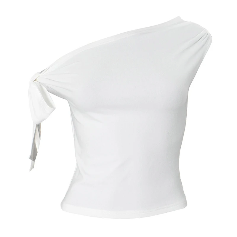 2025 femmes été Ins Style nouveau rétractable plissé une épaule haut court dos nu torsion cravate asymétrique T-Shirt haut décontracté