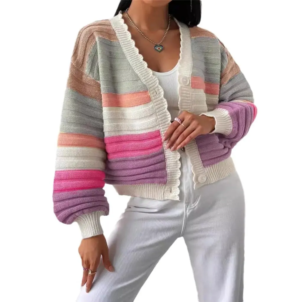 

Women's Knitted Cardigan Rainbow Striped Lantern Sleeve Sweater Autumn Winter European American Style Color Matched Coat