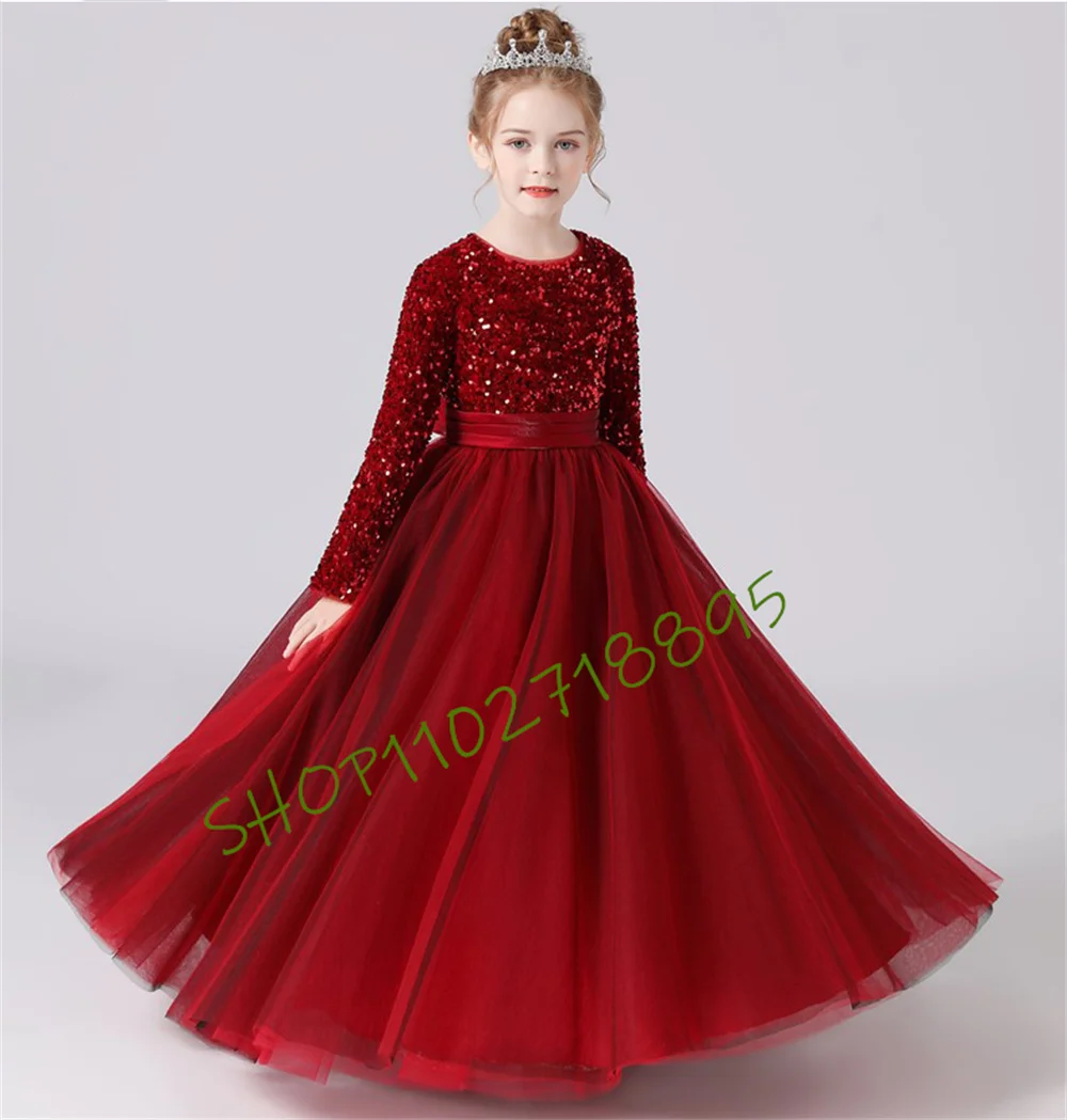 Sequin Tulle Long Sleeves Junior Bridesmaid Dress Flower Girl Dresses Puff Skirt Girls Pageant Evening Party Gown