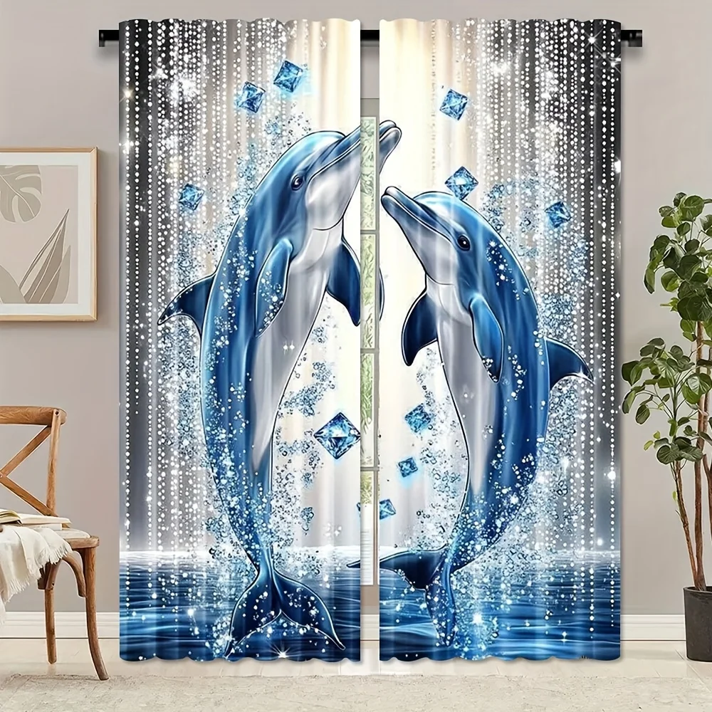 Luxury Ocean Curtain Panels, Playful Dolphin Shiny Diamond Water Drop Glam Art Pattern Print Drapes Teen Room Living Room Decor