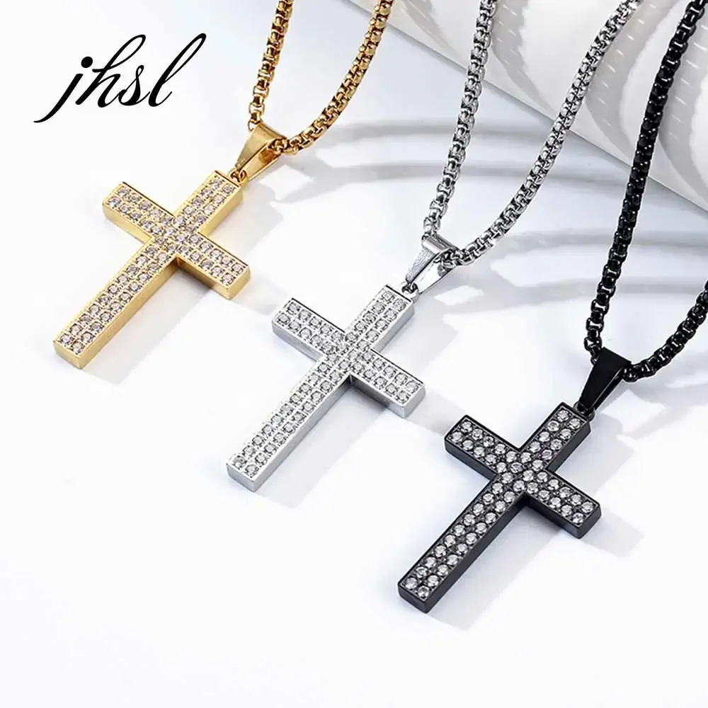 JHSL  Men Cubic Zircon Cross Pendants Statement Necklace Fashion Christian Jewelry Chain Stainless Steel Black Gold Silver Color