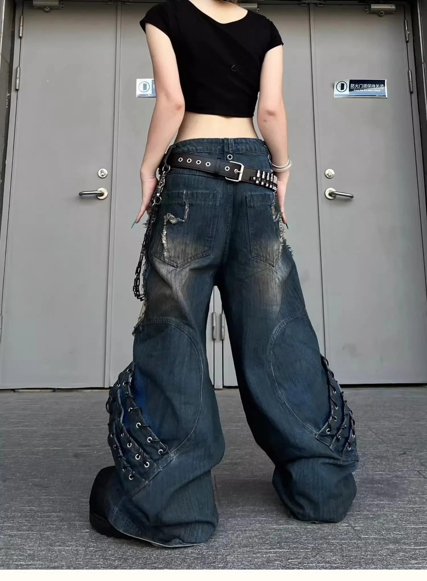 Vintage Patchwork Distressed Jeans Hip Hop Loose Wide Leg Cargo Pants Women's Washed Distressed Denim Trousers - Image 6
