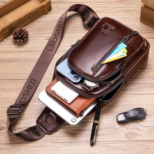 Imagen 2 del producto Bolso cruzado de cuero genuino para hombre con piel de vaca en capas, bolso de pecho deportivo moderno y multifuncional