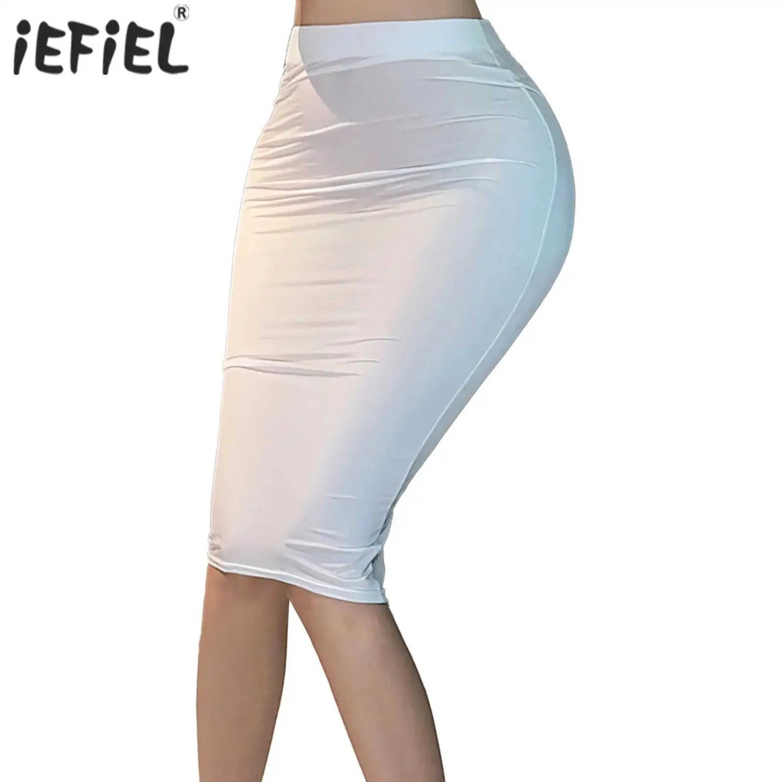 Womens Nightclub Skirts Costume Semi See Through Bodycon Skirt Solid Color High Waist Elastic Waistband Keen Length Skirts