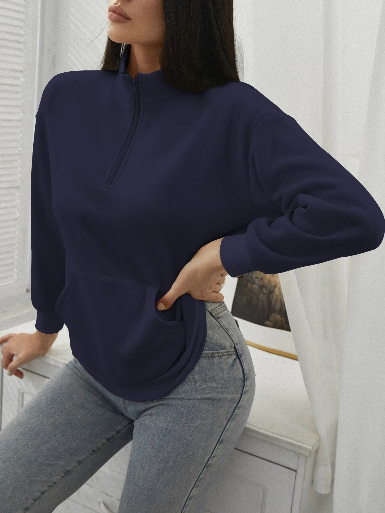 Sudadera con Media Cremallera y Hombros Caídos para Mujer, Sudadera Informal de Manga Larga con Bolsillo Delantero, Atuendo para el Regreso a Clases