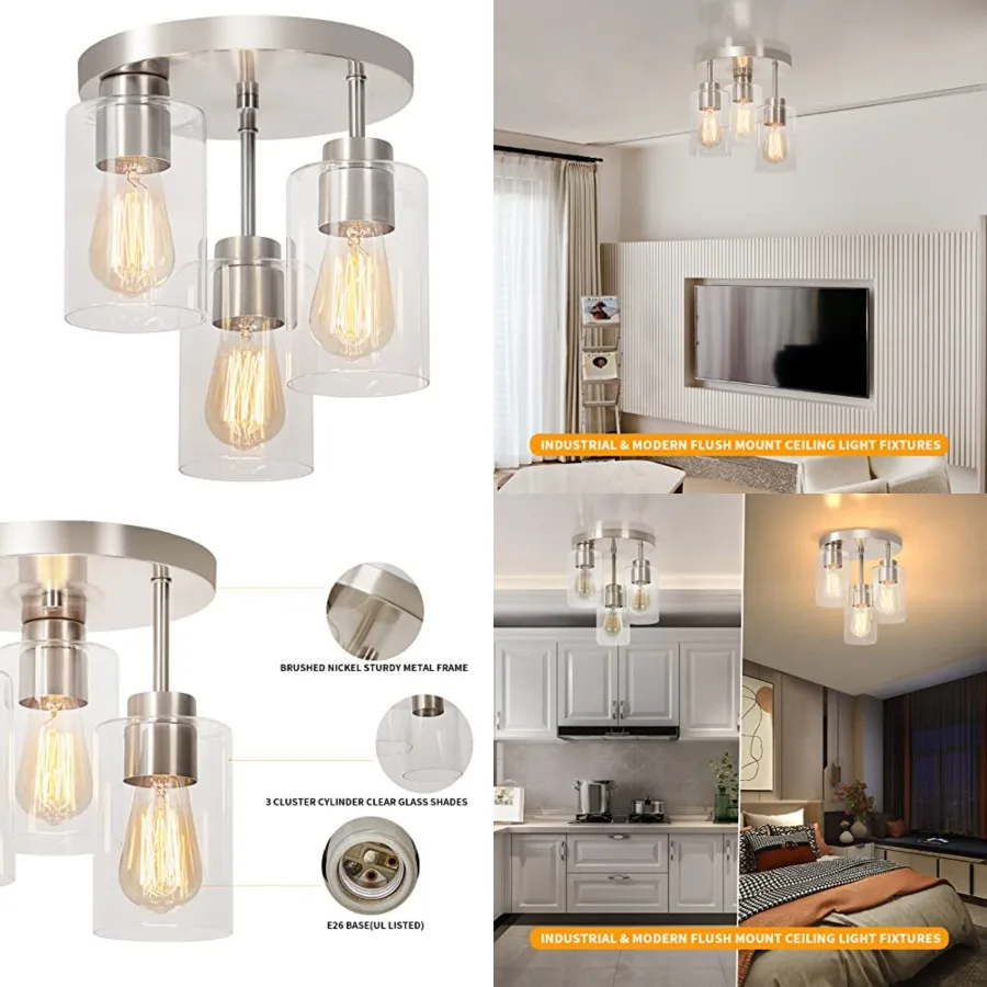 Semi Flush Mount Ceiling Light 3-Light Flush Mount Ceiling Light Fixtures with Clear Glass Shade, Modern Kitchen Ceiling Light