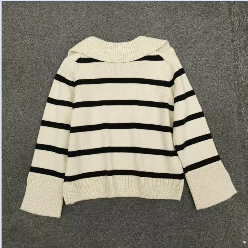 KH@IT* Sweater 2023 Autumn/winter New Retro Striped V-neck Polo Collar Versatile Casual Knitted Wool Jumper Women