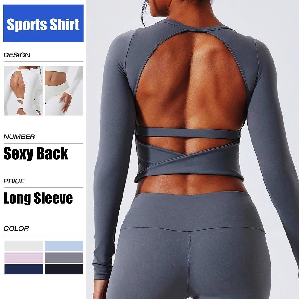 Camiseta de Yoga Gris con Espalda Sexy Cloud Hide para Mujer, Manga Larga, Blusa de Pilates, Top Deportivo para Gimnasio, Fitness, Running, Entrenamiento