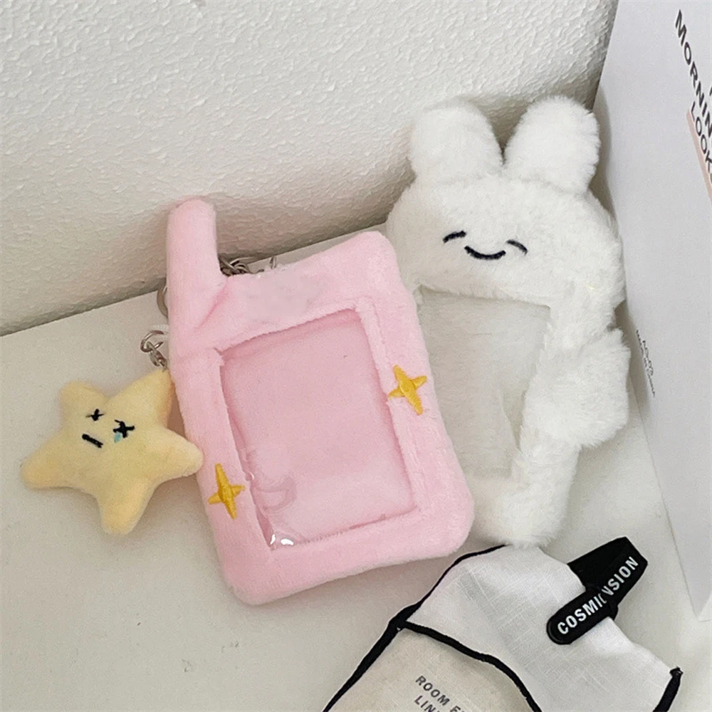 Plush Photocard Holder Cute Cartoon Rabbit Card Cover Idol Photo Sleeve Protective Case ID Credit Case Keychain Photo Holder INS