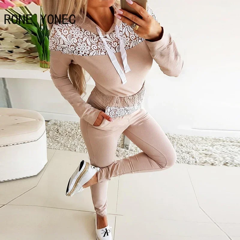 Women Casual Long Sleeves Tape Lace Patchwork Elastic waist Sporty Shinny Pants Sets