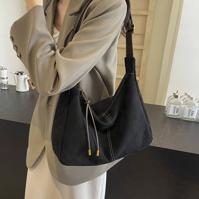 

Faux Suede Shoulder Bags Women Solid Black Hobos Bags Classic Simple Crossbody Bags 2024 New Soft Korea Style Fashion Packages