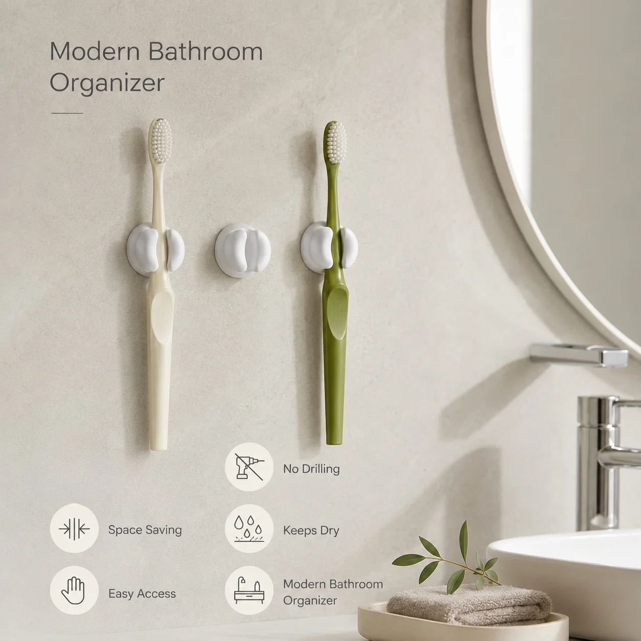 Drill-Free Suction Toothbrush Holder, Bathroom Hanger for Tile, Mirror & Glass, Space-Saving, Strong Suction, Easy Install