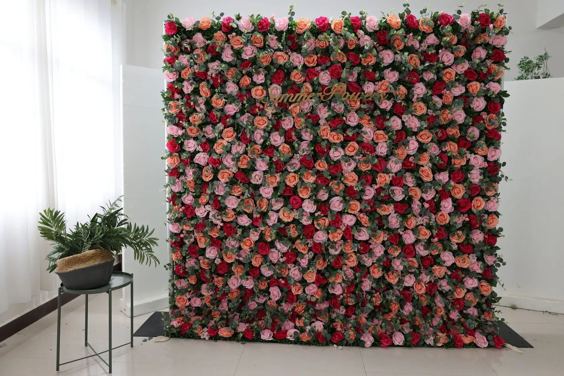 

3D mixed flower series rose red peony green leaves artificial rose wall birthday party outdoor wedding background layout