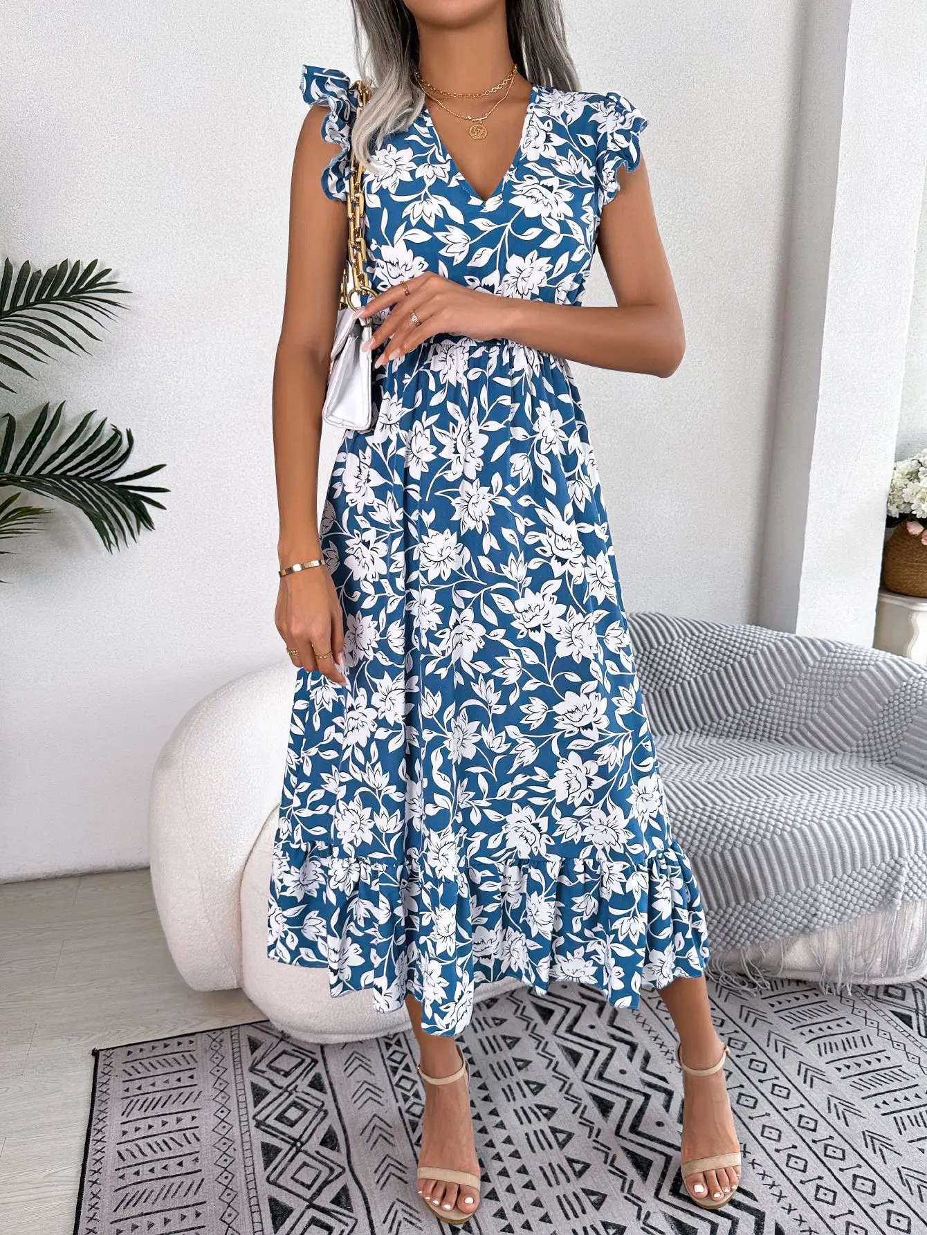 Dresses For Women Summer Print V Neck Sleeveless Dress A Line Beach Midi Dress Robe Female Robe Fashion Ladies Clothes Vestido