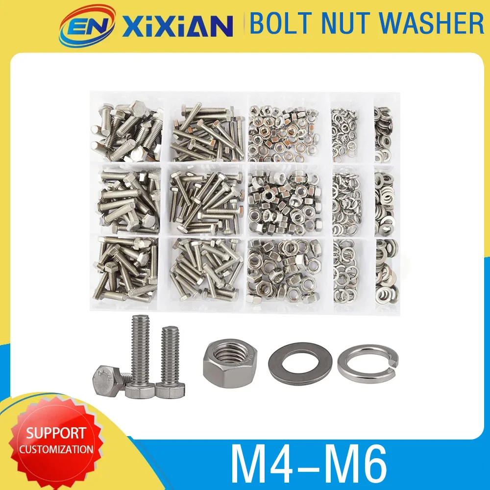 

M4 M5 M6 External Hexagon Bolt Nut Set Stainless Steel Flat Washer Elastic Gasket Assortment Kit Out Hex Bolt Screw Metalworking