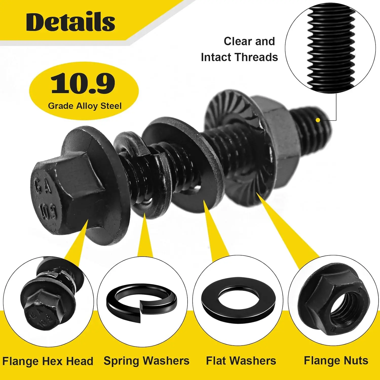 

164 PCS Flanged Head Bolt Combination Kit, M8-1.25 x 16-30 mm Metric Flange Hex Nut and Washer, Suitable for Vehicles, 10.9 Blac