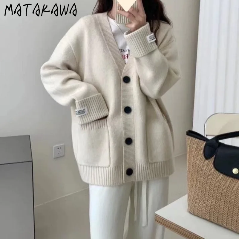 Matakawa V Neck Cardigans Korean Fashion Pockets Autumn Winter Solid Vintage Women Swetry Grube Ciepłe Luźne Sueter De Mujer