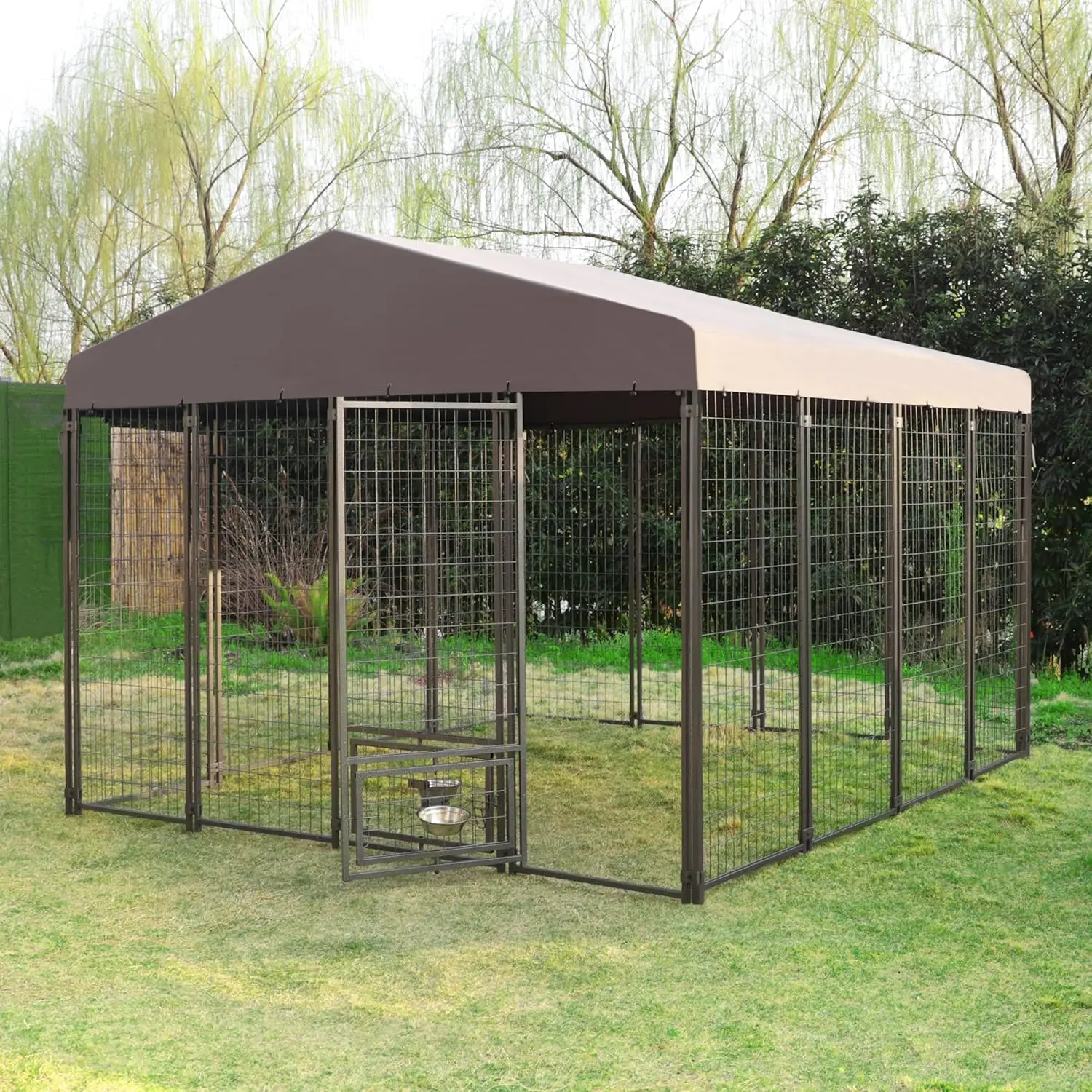 10’x10’ Outside Dog Kennel Oversized Metal Dog Cage with Upgraded Canopy & Rotate Feeding Doors Heavy Duty Outdoor Dog Crate