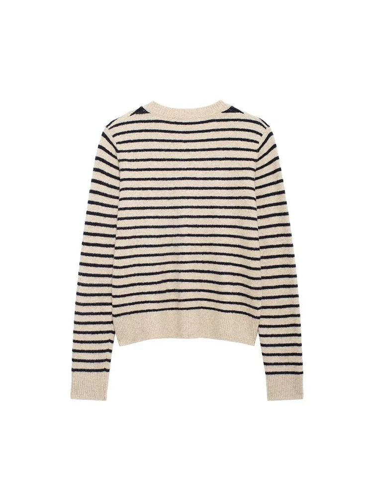 2024 New Women Fall Winter Striped Knitwear Vintage Ladies Long Sleeved Round Neck Double-breasted Jacket