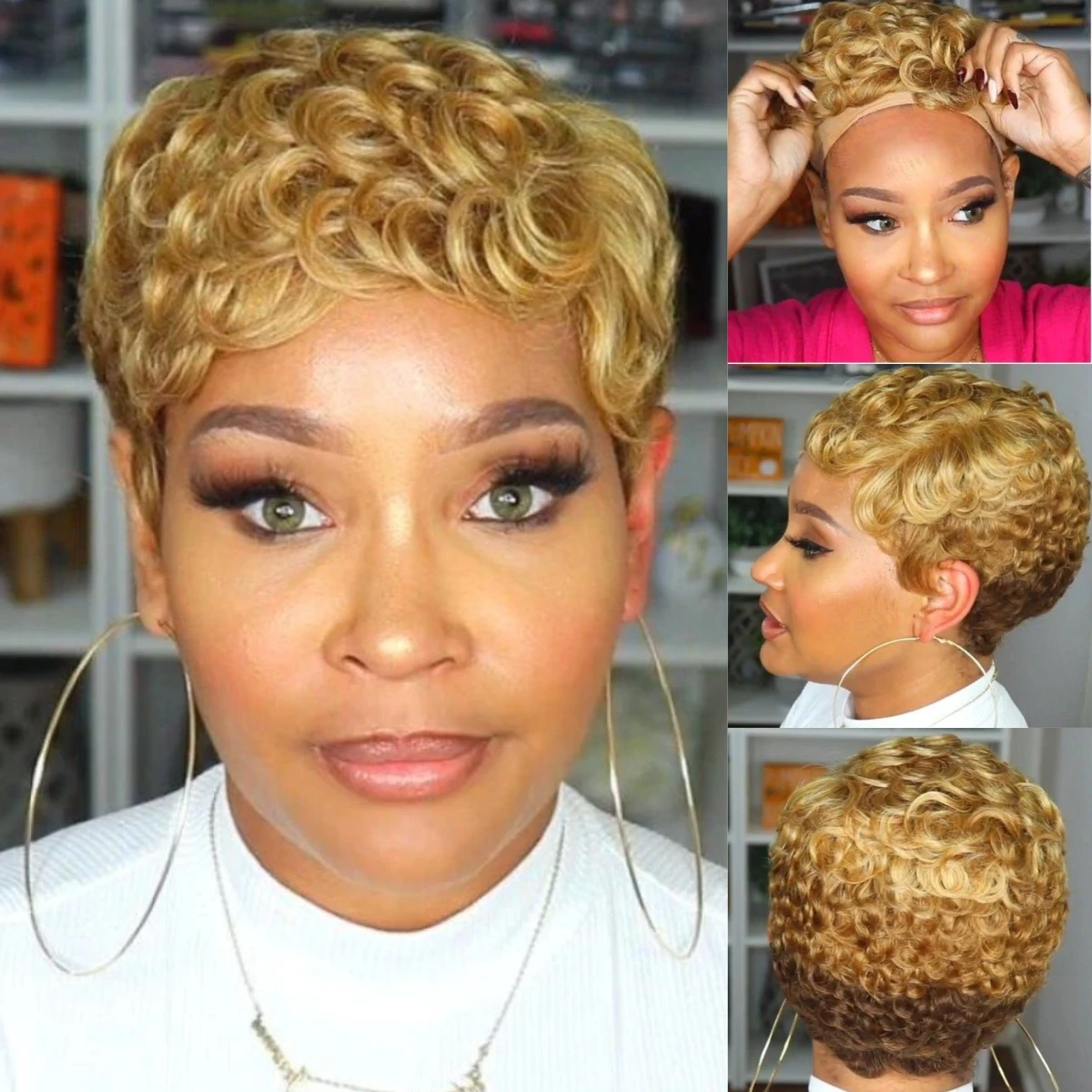 

Ombre Dark Brown Light Brown Honey Blonde Gold Synthetic Short Hairstyle Curly Pixie Cut Bob Wigs Machine Hair For Black Women