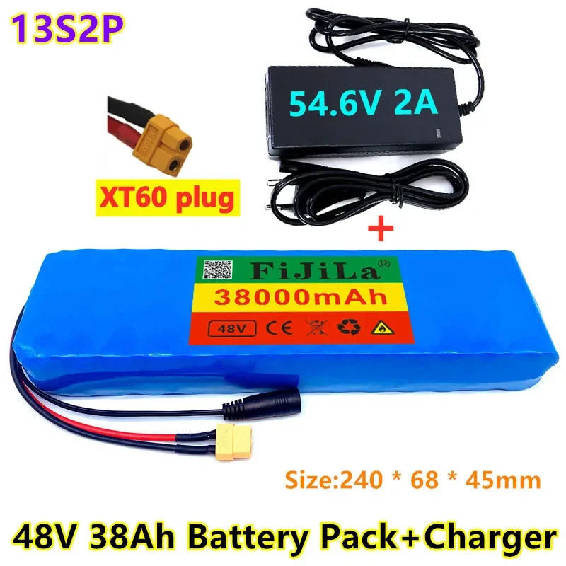 

E-bike battery 48V 38Ah 18650 lithium ion battery pack 13S2P bike conversion kit bafang 1000w and 54.6V 2A Charger + XT60 Plug