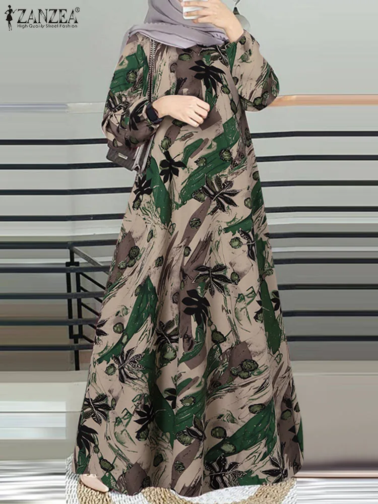 Fashion Long Sleeve Floral Print Muslim Abaya Hijab Sundress Robe Femme Spring Bohemain Maxi Long Dress ZANZEA Islamic Clothing