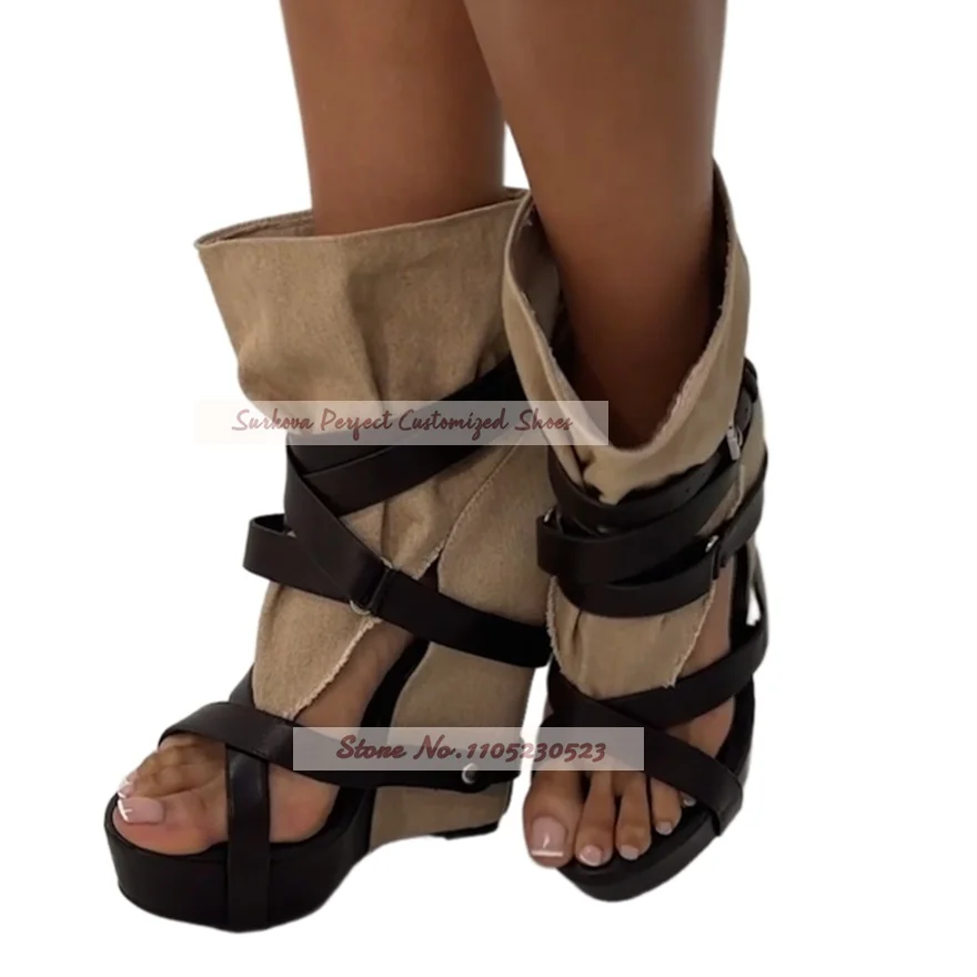 Wedge Platform Sandal Boots Khaki Canvas Frayed Upper Multi Leather Buckle Straps Cool Booties Open Toe High Heel Sandals