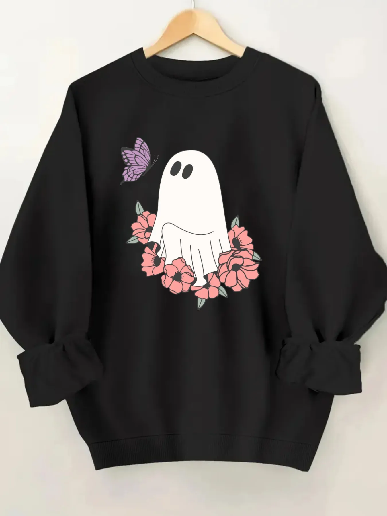 Women's Crew Neck Pullover Sweatshirt Ghost Flower Butterfly Design, Soft Casual Long Sleeve, Daily Casual Top Outfit, Winter Women's Clothing, Halloween Costume Outfit