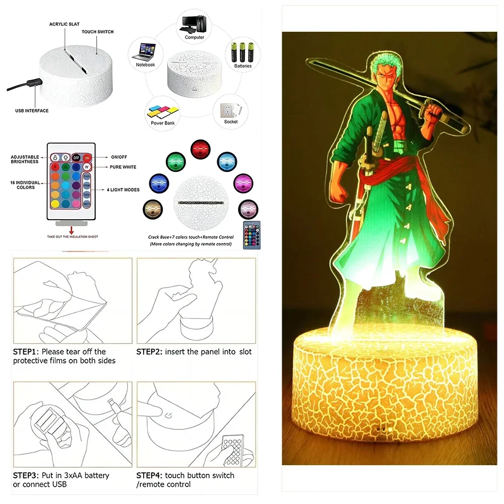 Actions Figure One Piece Luffy Zoro Anime Figures 3D Lamp PVC Action Collection Model Toys LED Night Light Kid Christmas Gift