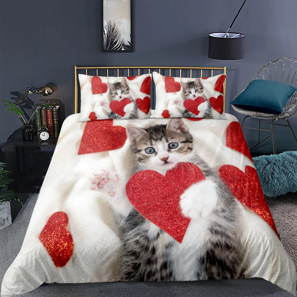 

Cute Cat Flowers Hearts Grassland 3D Bedding Set Duvet Cover Pillowcases Comforter Linen Room Decor Gift Twin Queen King Size