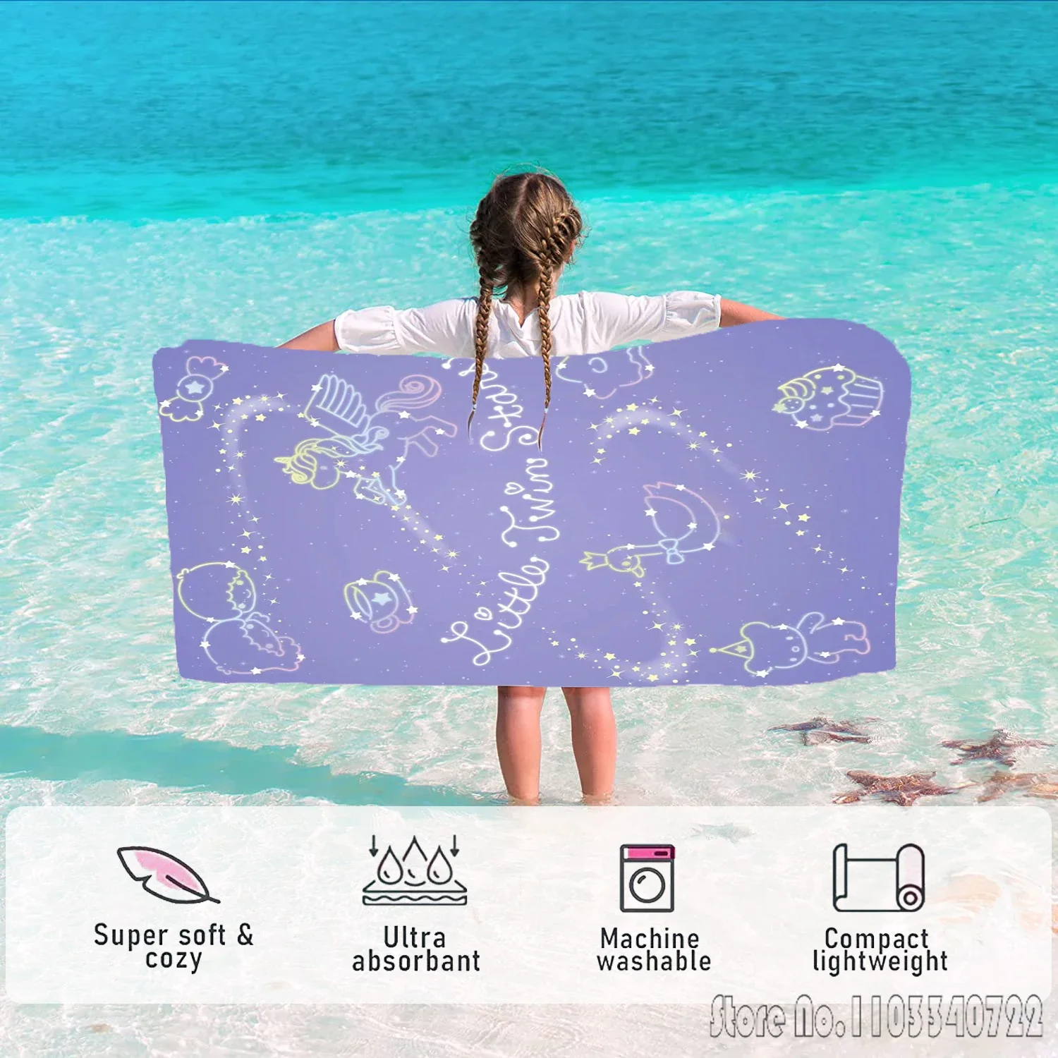 

Little Twin Stars Sanrio Cartoon Bath Towels Microfiber Beach Swimming Towel Decor for Kids Gift 75x150cm