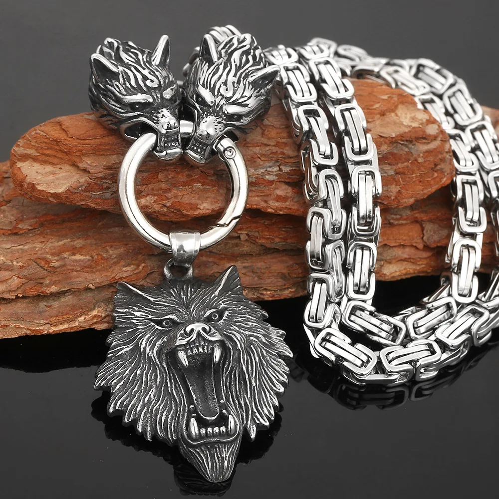 Nordic Viking Wolf Head Stainless Steel King Chain Pendant Necklace Viking Talisman Jewelry, Party Punk Hip Hop Birthday Gift