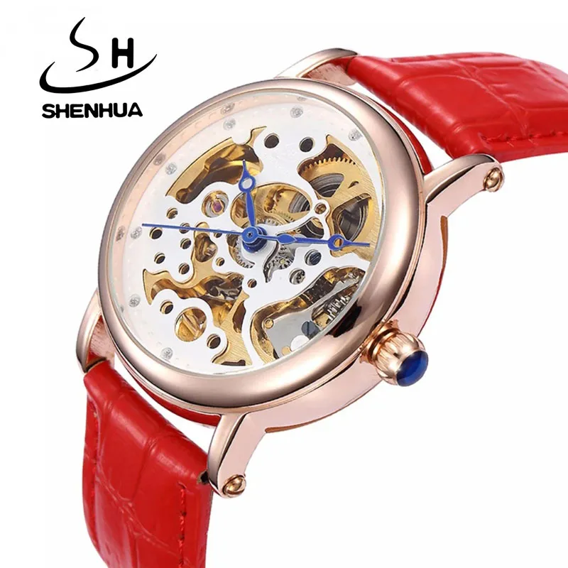 SHENHUA Women Rose Gold Watch Fashion Skeleton Automatic Machanical Watch Waterproof Ladies Clock