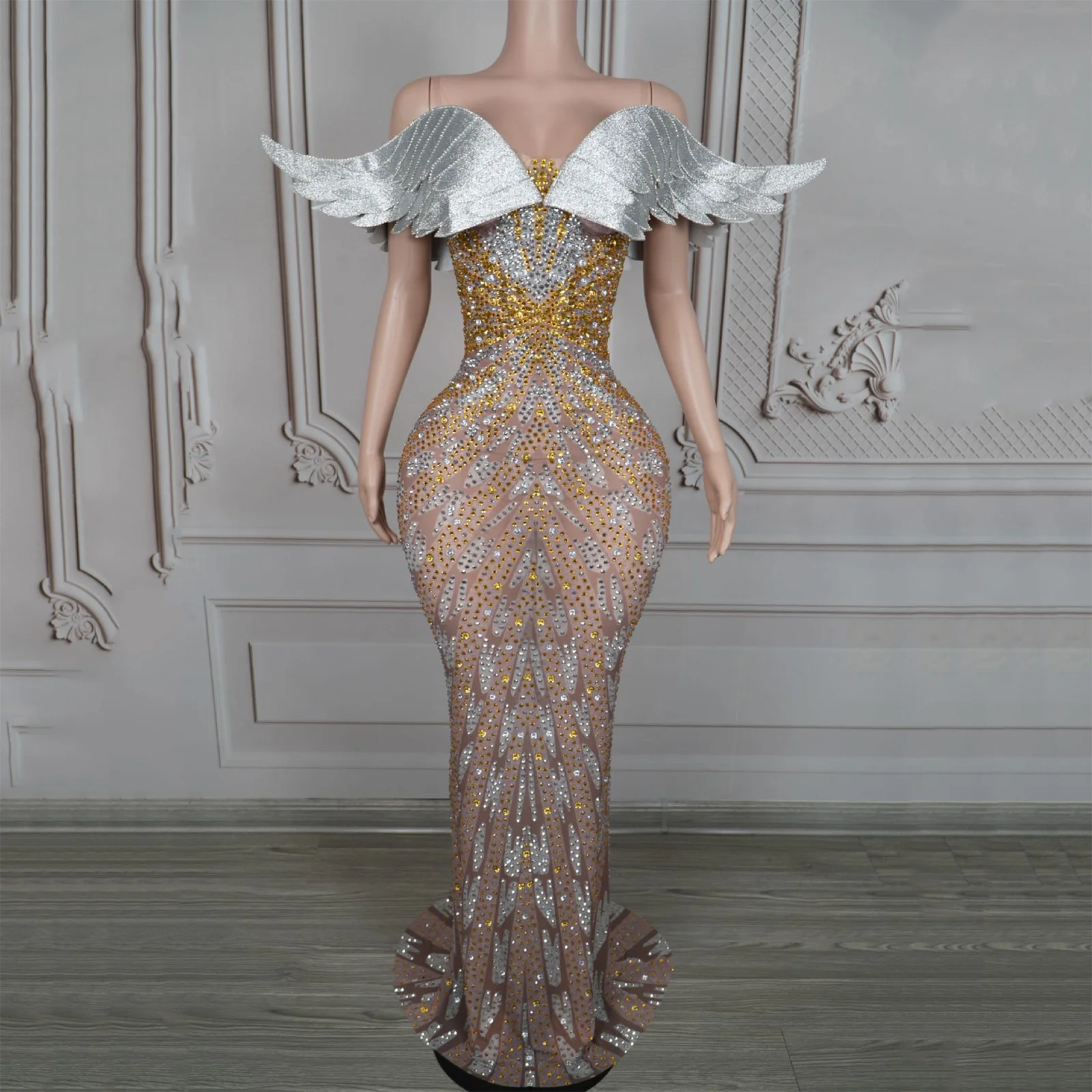 

Fashion Ballroom Dance Gown Women Rhinestones Flying Shoulder Evening Dress birthday Stage Celebrate Festival Outfit Party Wear