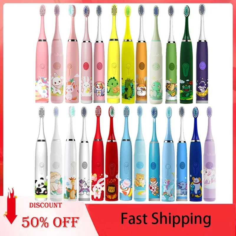 Cartoon Kids Electric Toothbrush Ultrasonic IPX7 Waterproof Rechargeable Sonic with Replacement Head for Children's Oral Care
